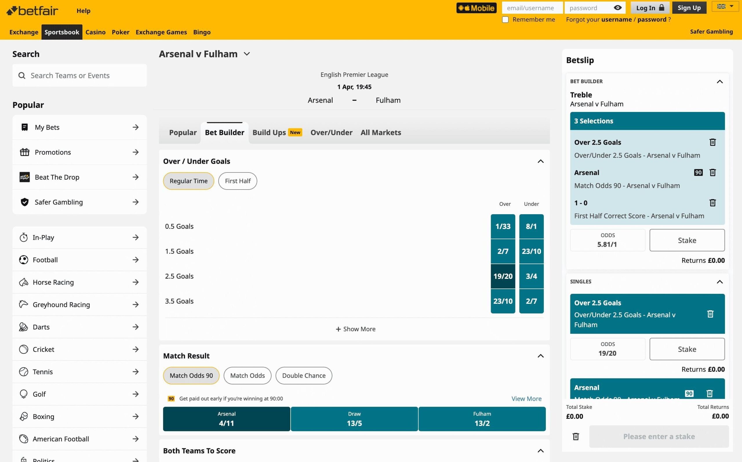 Football Bet Builder interface with multiple same-match selections