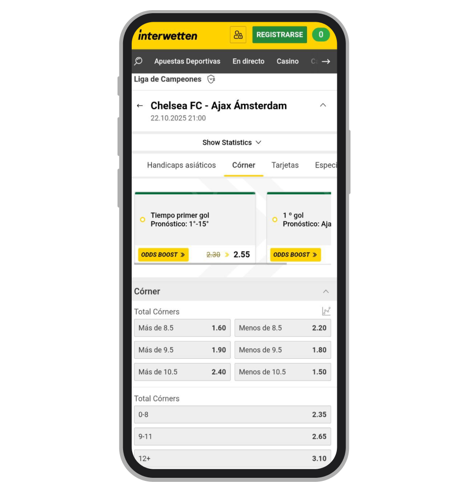 Football corner betting market displayed on a sportsbook interface